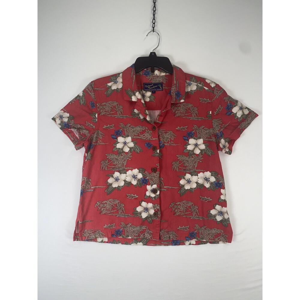 Island Traders Shirt Mens Medium Red Hawaiian Short Sleeve Button Up Rayon